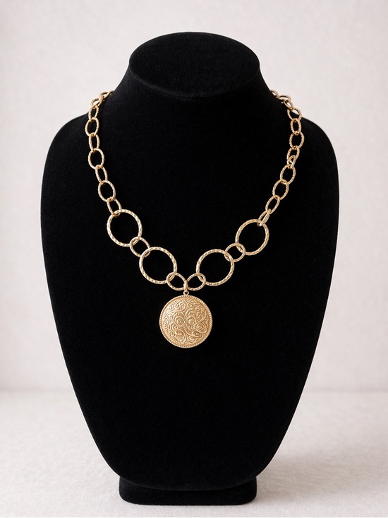 JL Italy Jewelry - JL Italy Hammered Link Necklace with Medallion Pendant Statement Chain
